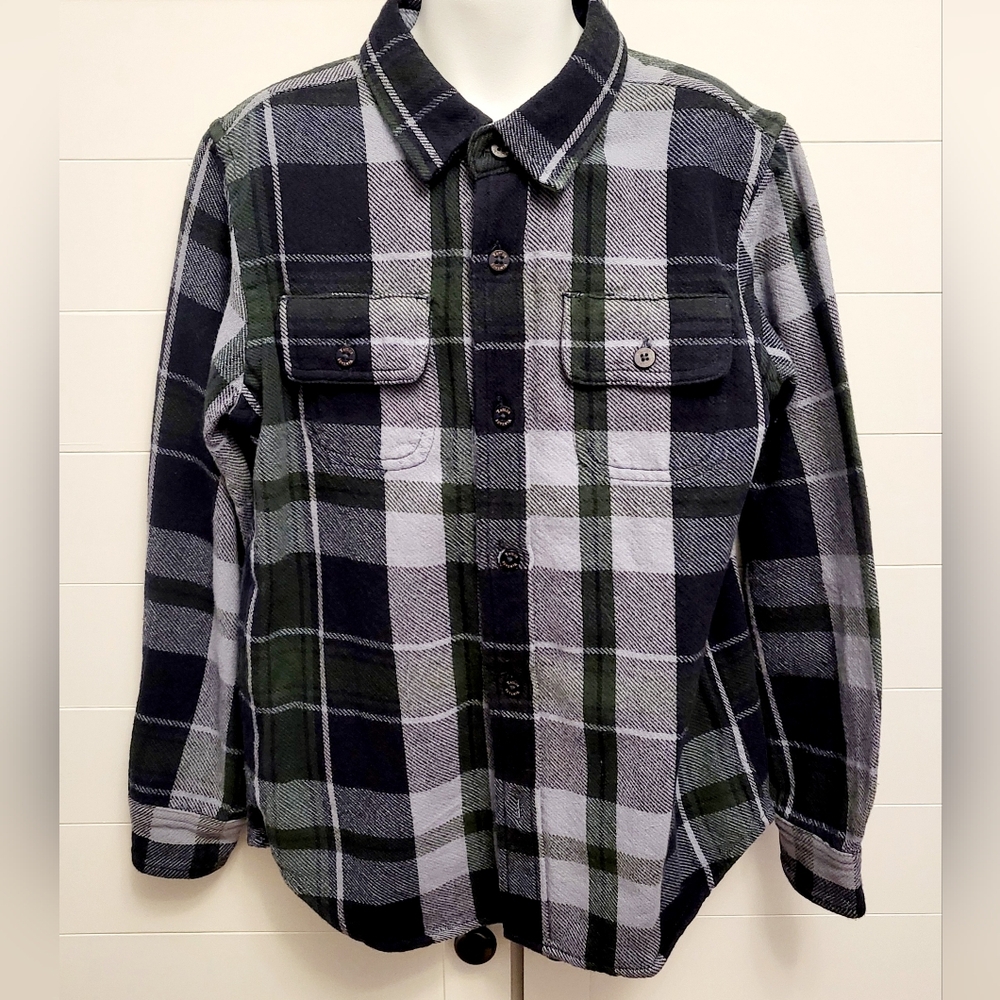 Tailor Vintage Boys Flannel Shirt Size 8 Blue Green Plaid Reversible Button Up